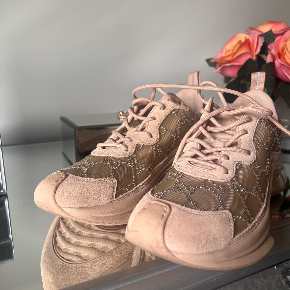 Gucci Beige and Pink Crystal Sneakers